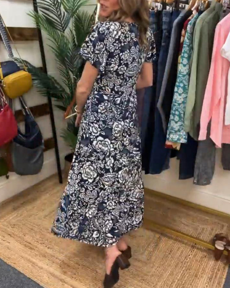 Sophie | Lange Jurk met Korte Mouwen en Bloemenprint