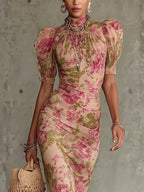 Mae | Abito Maxi con Stampo Vintage Pink e Maniche a Sbuffo