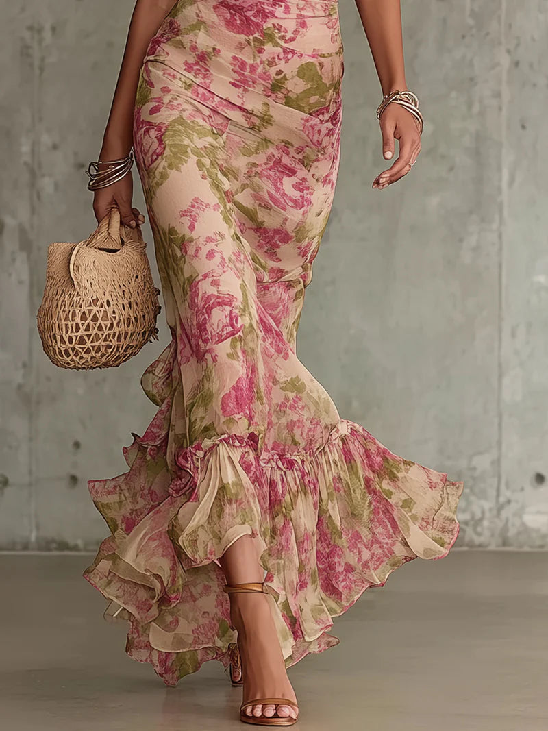Mae | Abito Maxi con Stampo Vintage Pink e Maniche a Sbuffo