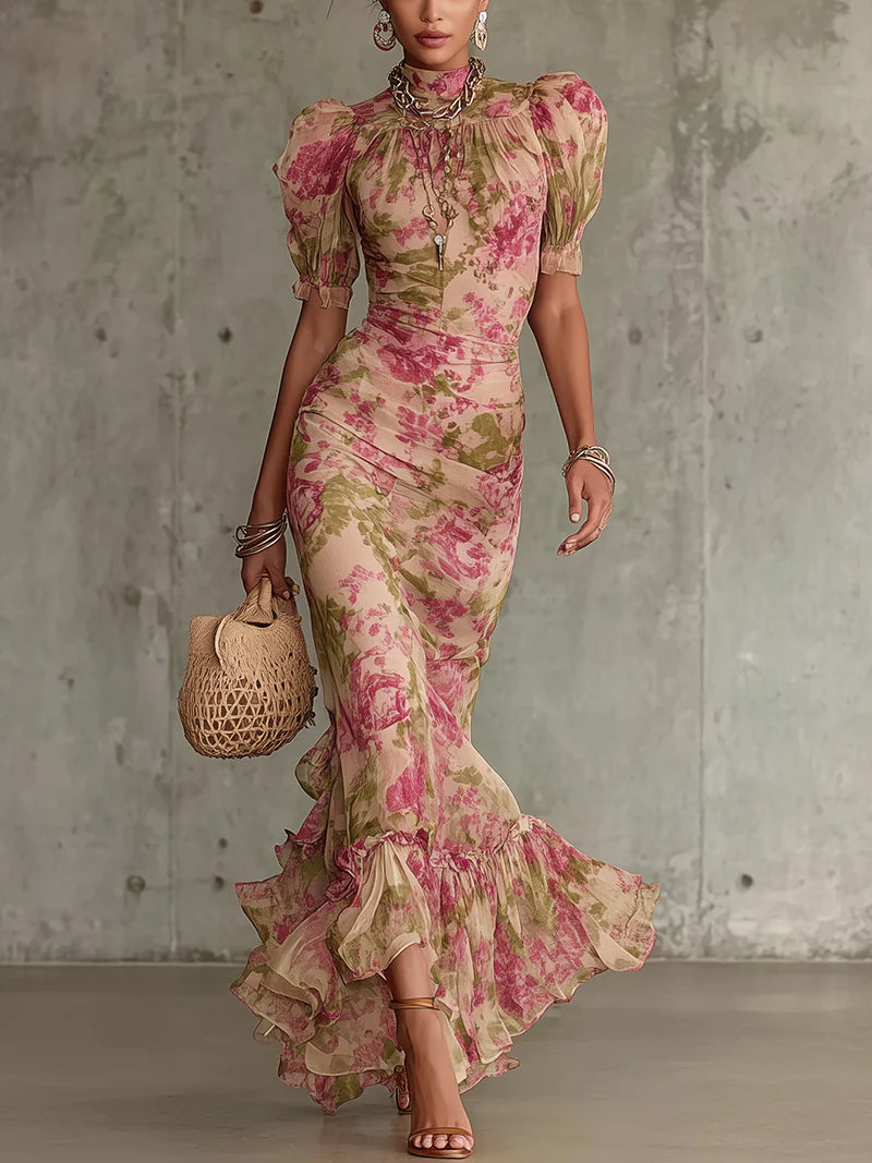 Mae | Abito Maxi con Stampo Vintage Pink e Maniche a Sbuffo