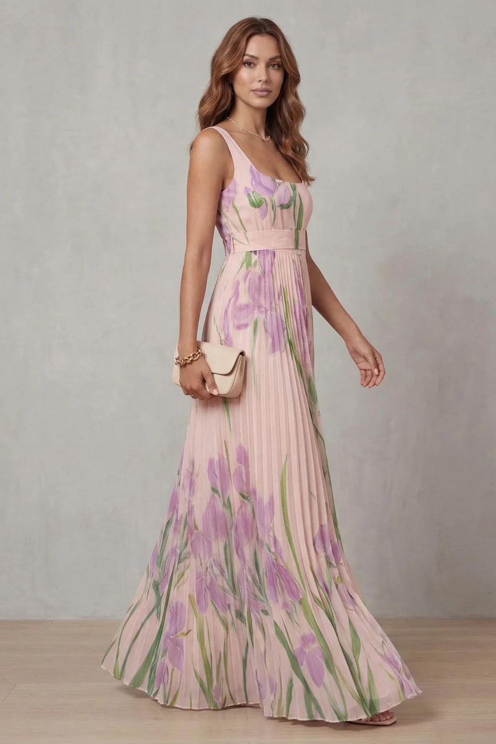 Viviana | Abito Maxi Plissettato Floreale Acquerellato