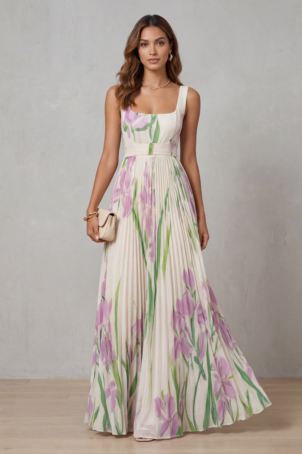Viviana | Abito Maxi Plissettato Floreale Acquerellato