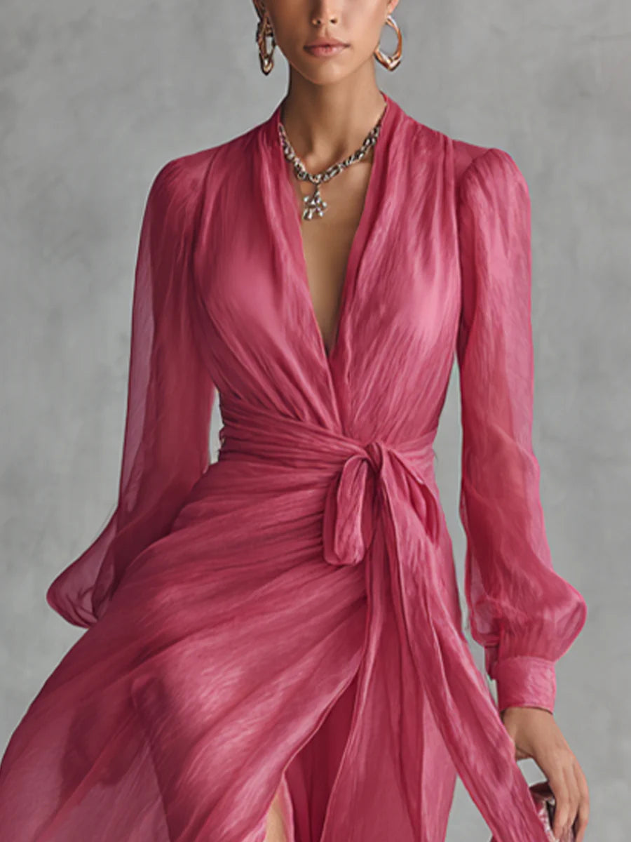Beatrice | Abito lungo in elegante chiffon con scollatura a V e vita da annodare