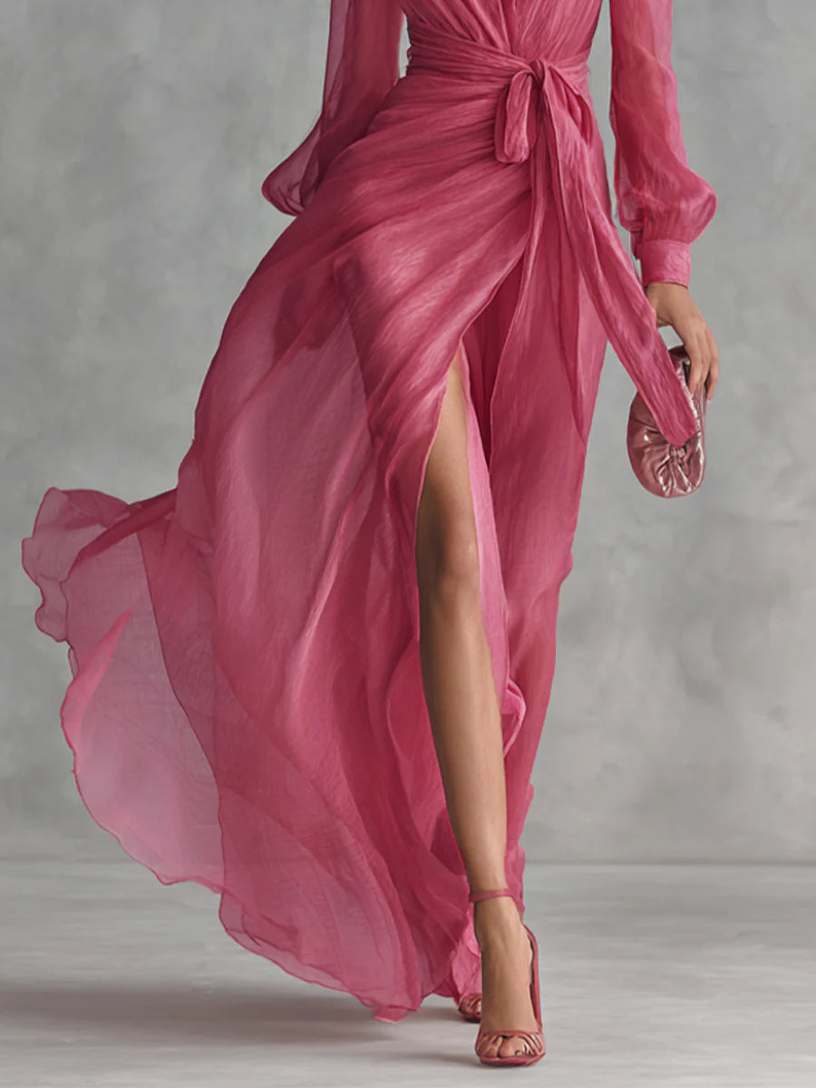 Beatrice | Abito lungo in elegante chiffon con scollatura a V e vita da annodare