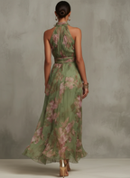 Serena ∙ Lange groene chiffon jurk met halternek