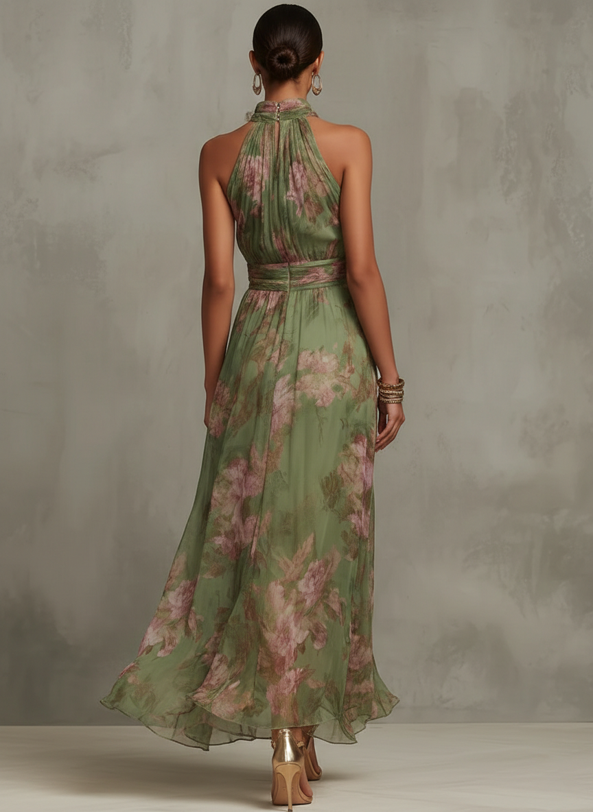 Serena ∙ Lange groene chiffon jurk met halternek