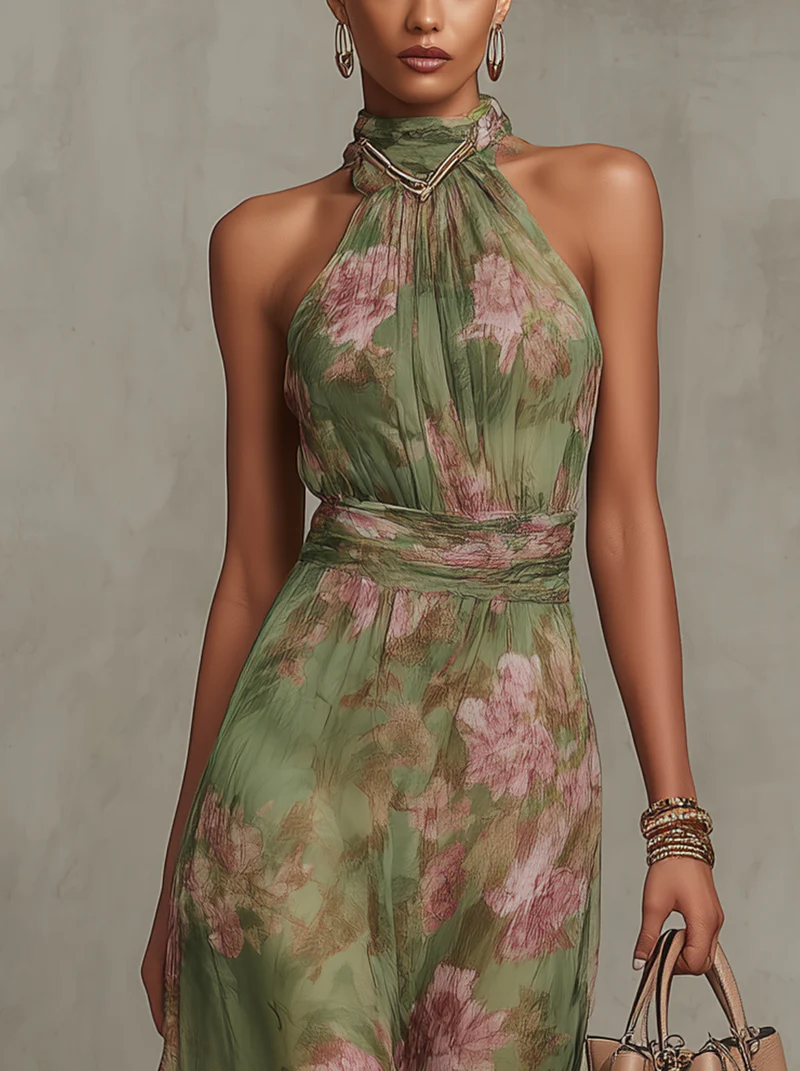 Serena ∙ Lange groene chiffon jurk met halternek