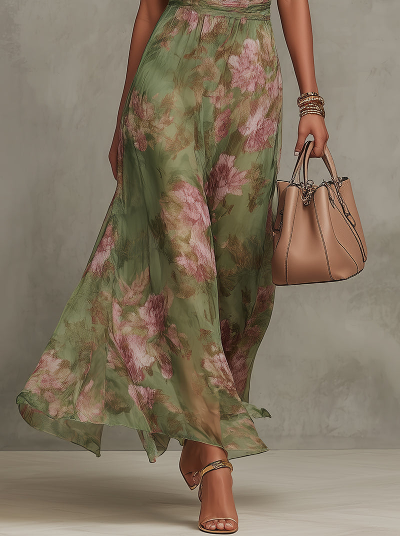 Serena ∙ Lange groene chiffon jurk met halternek