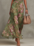 Firenze | Abito Maxi Chiffon Floreale Verde a Schiena Nuda