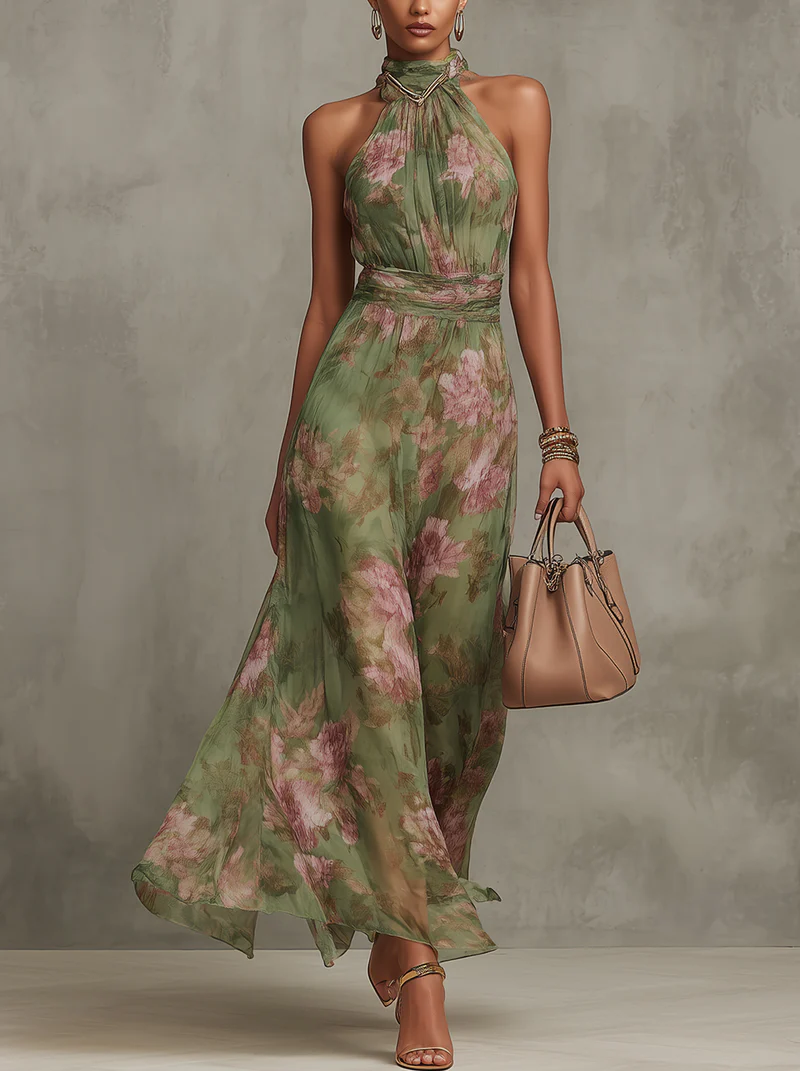 Serena ∙ Lange groene chiffon jurk met halternek