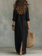 Céline™ | Abito Maxi Nero Ampio con Bottoni