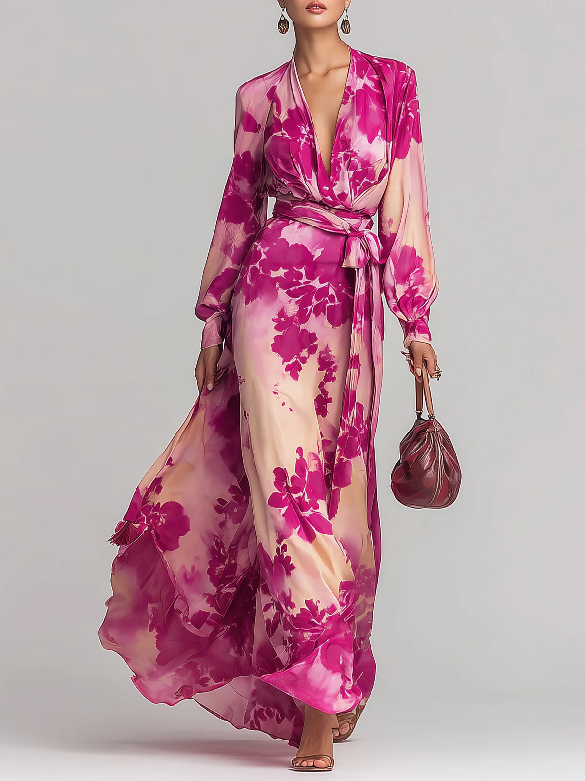Giulia | Maxi Abito Floreale con Scollo a V e in Vita