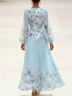 Mia | Abito Maxi Chiffon Floreale Blu Chiaro con Scollo a V