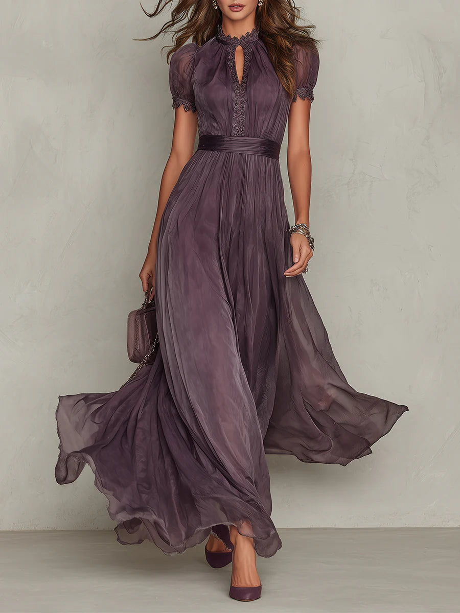 Flavia • Lange jurk met chiffon kantafwerking