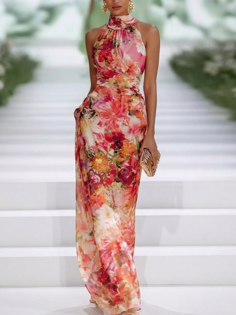 Faè | Abito Maxi Senza Maniche in Chiffon Rosso a Fiori