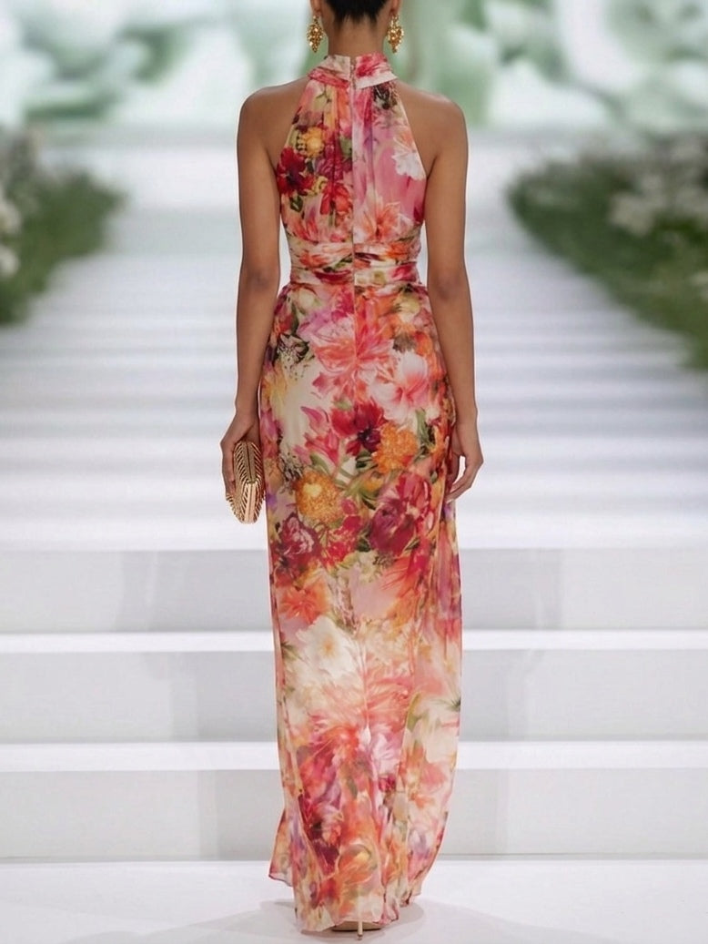 Faè | Abito Maxi Senza Maniche in Chiffon Rosso a Fiori