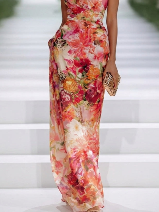 Faè | Abito Maxi Senza Maniche in Chiffon Rosso a Fiori