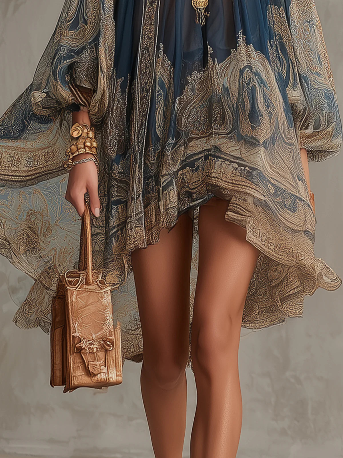 Britt | Asymmetrische Marineblauwe Jurk incontra Barok Print