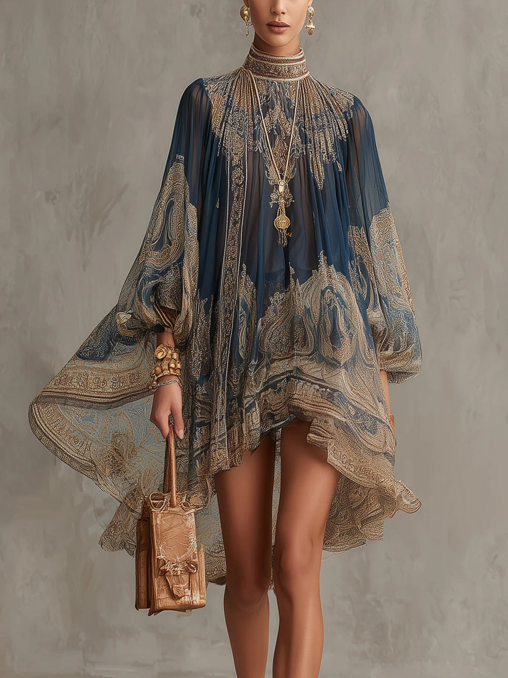 Britt | Asymmetrische Marineblauwe Jurk incontra Barok Print