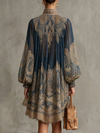 Britt | Asymmetrische Marineblauwe Jurk incontra Barok Print