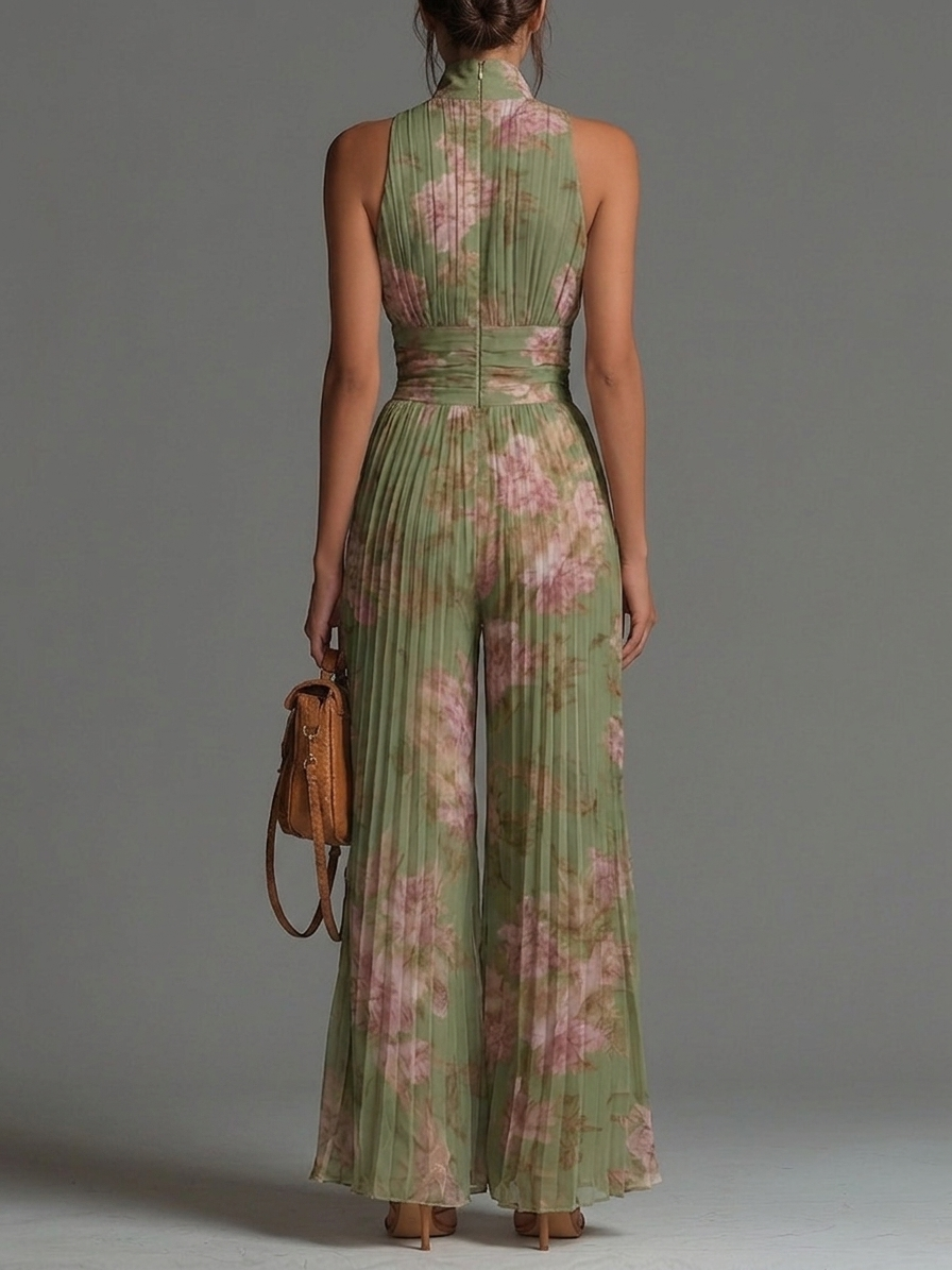 Suze | Vloeiende Geplooide Jumpsuit ha incontrato Groene Bloemen