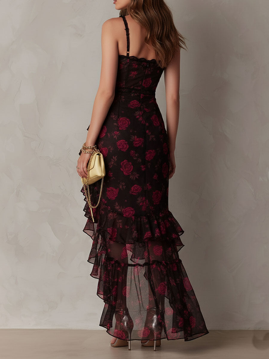 Anche | Korte Gedrapeerde Jurk Zwart en Rood ha incontrato Bloemen