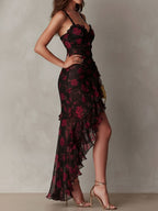 Anche | Korte Gedrapeerde Jurk Zwart en Rood ha incontrato Bloemen