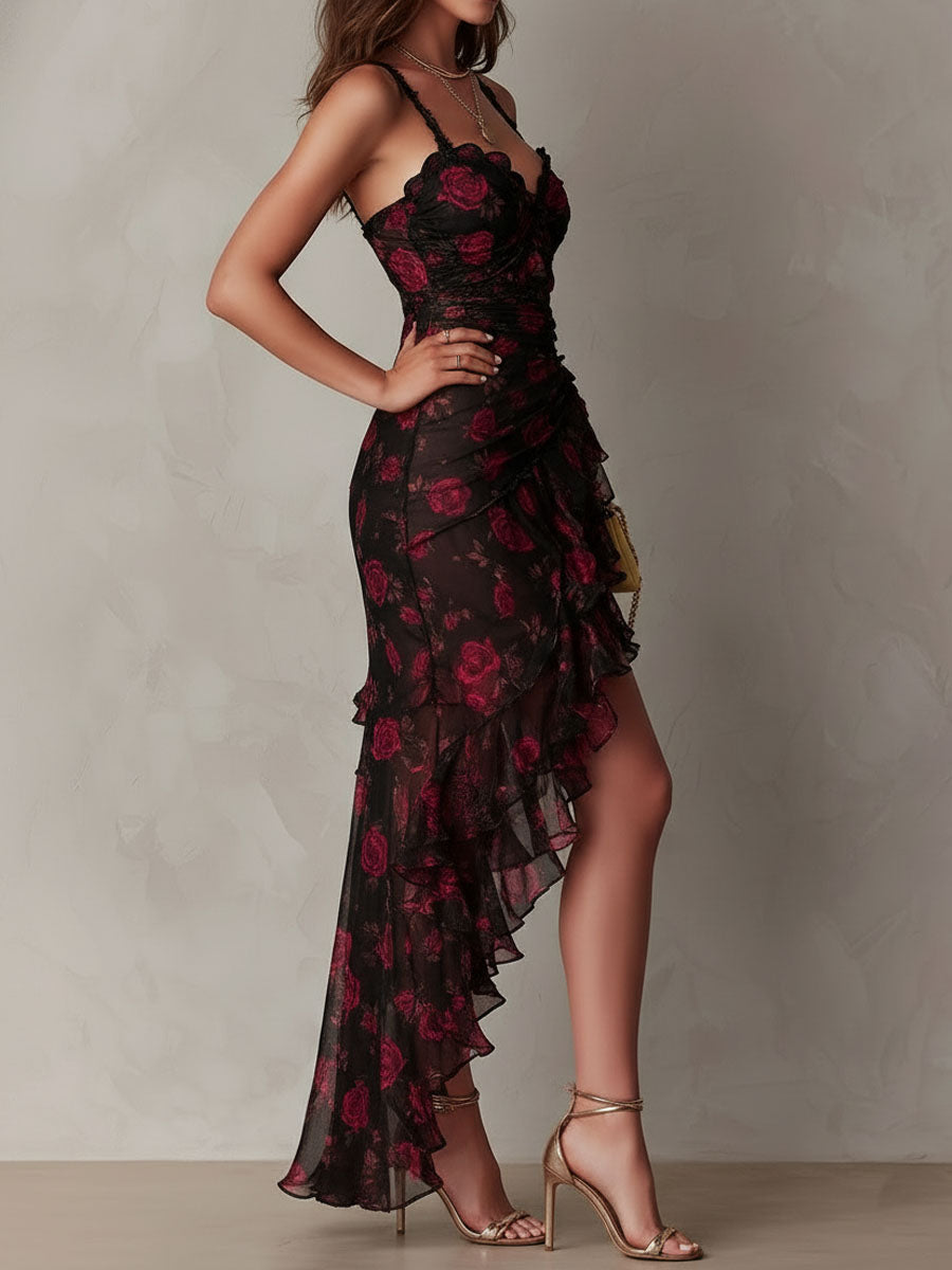 Anche | Korte Gedrapeerde Jurk Zwart en Rood ha incontrato Bloemen