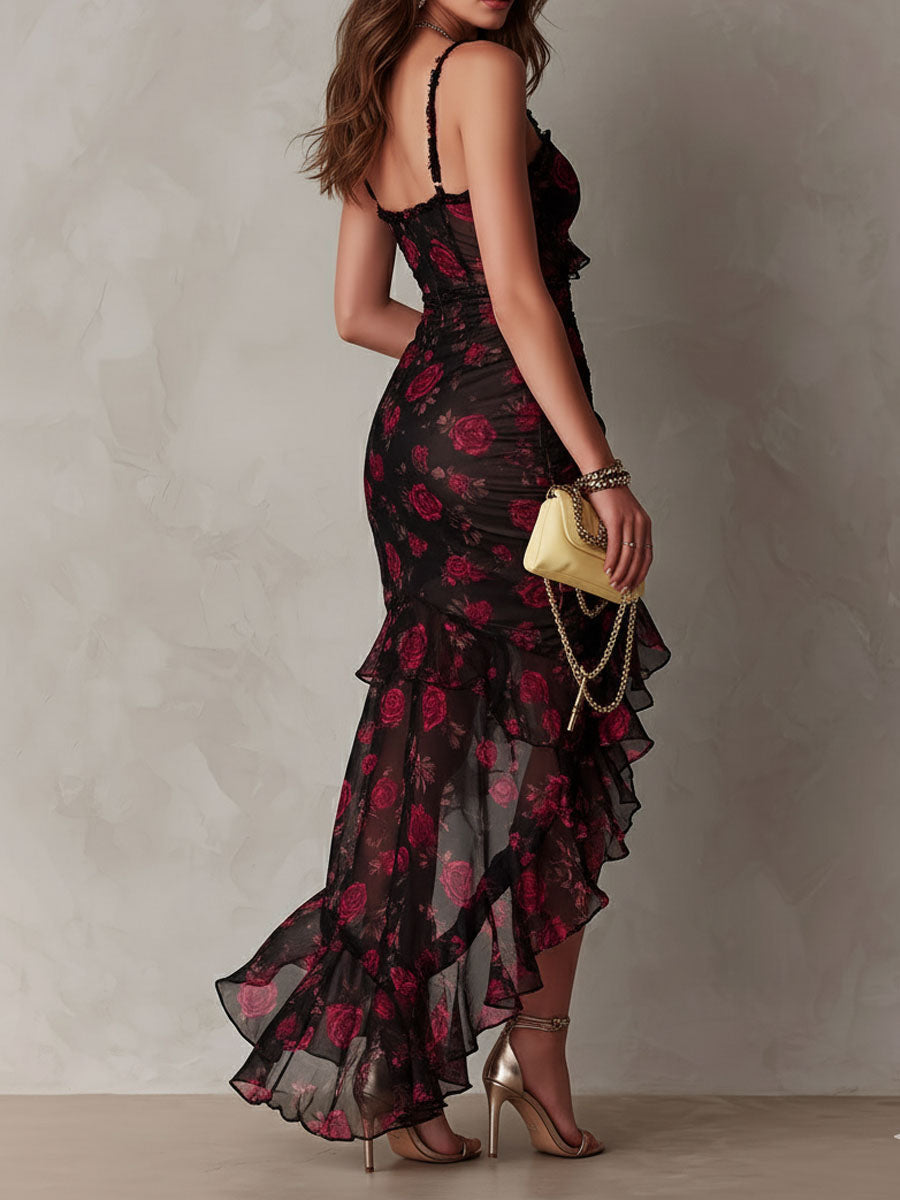 Anche | Korte Gedrapeerde Jurk Zwart en Rood ha incontrato Bloemen