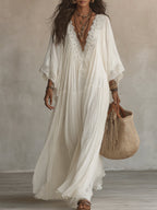 Celeste | Abito lungo in chiffon avorio con maniche a pipistrello e pizzo bianco