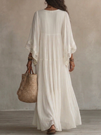 Celeste | Abito lungo in chiffon avorio con maniche a pipistrello e pizzo bianco