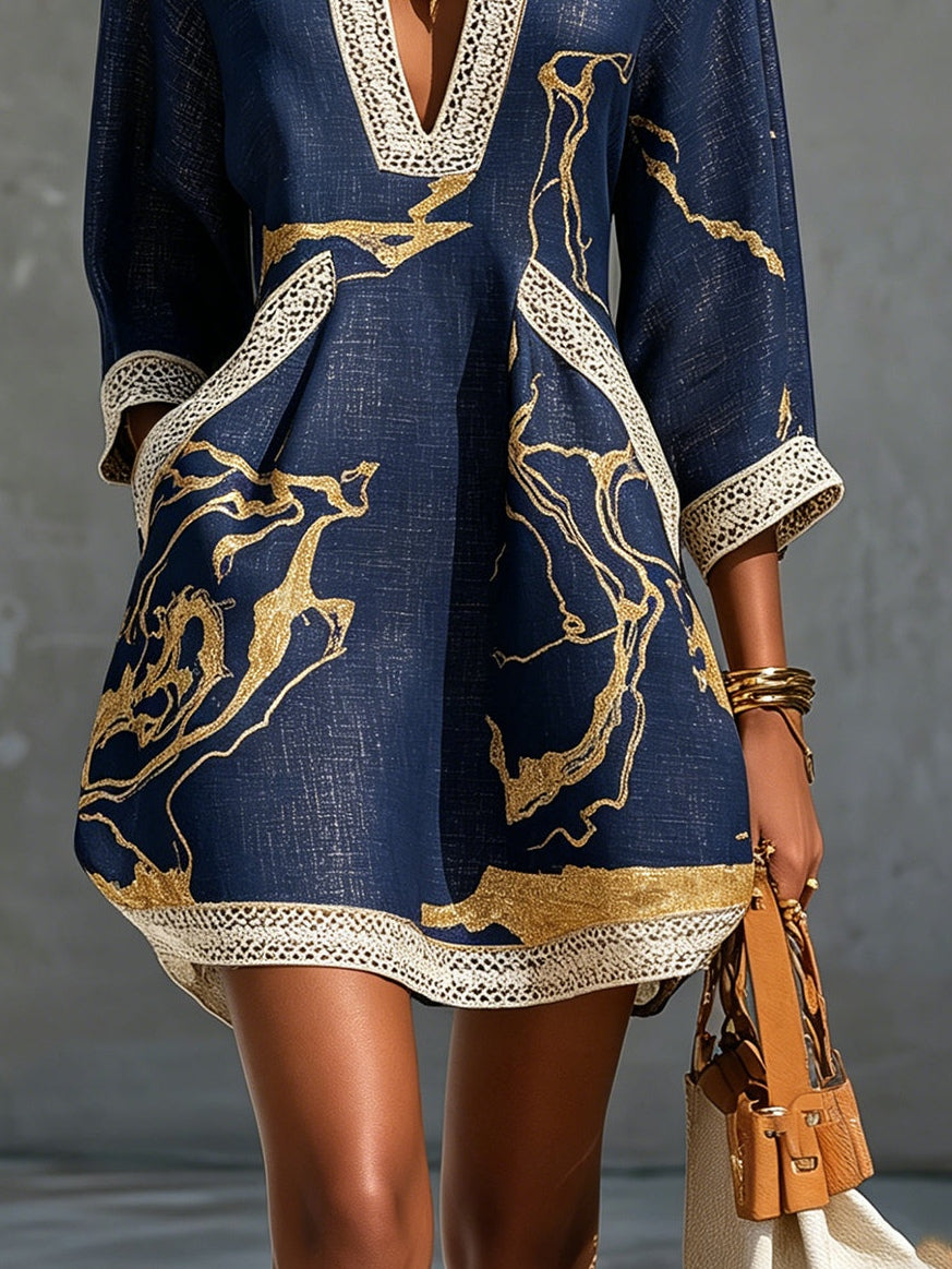 Cosetta | Mini Abito in Pizzo Crochet Blu Navy a Motivi Dorati e Scollo a V