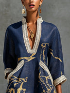 Cosetta | Mini Abito in Pizzo Crochet Blu Navy a Motivi Dorati e Scollo a V