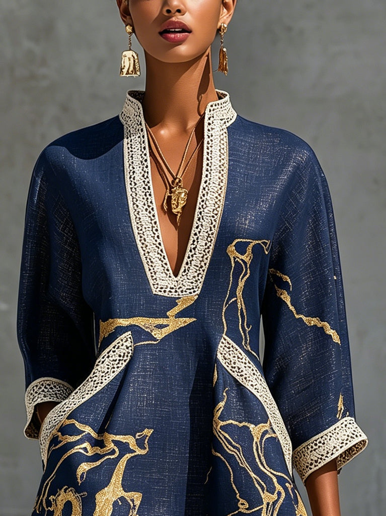 Cosetta | Mini Abito in Pizzo Crochet Blu Navy a Motivi Dorati e Scollo a V