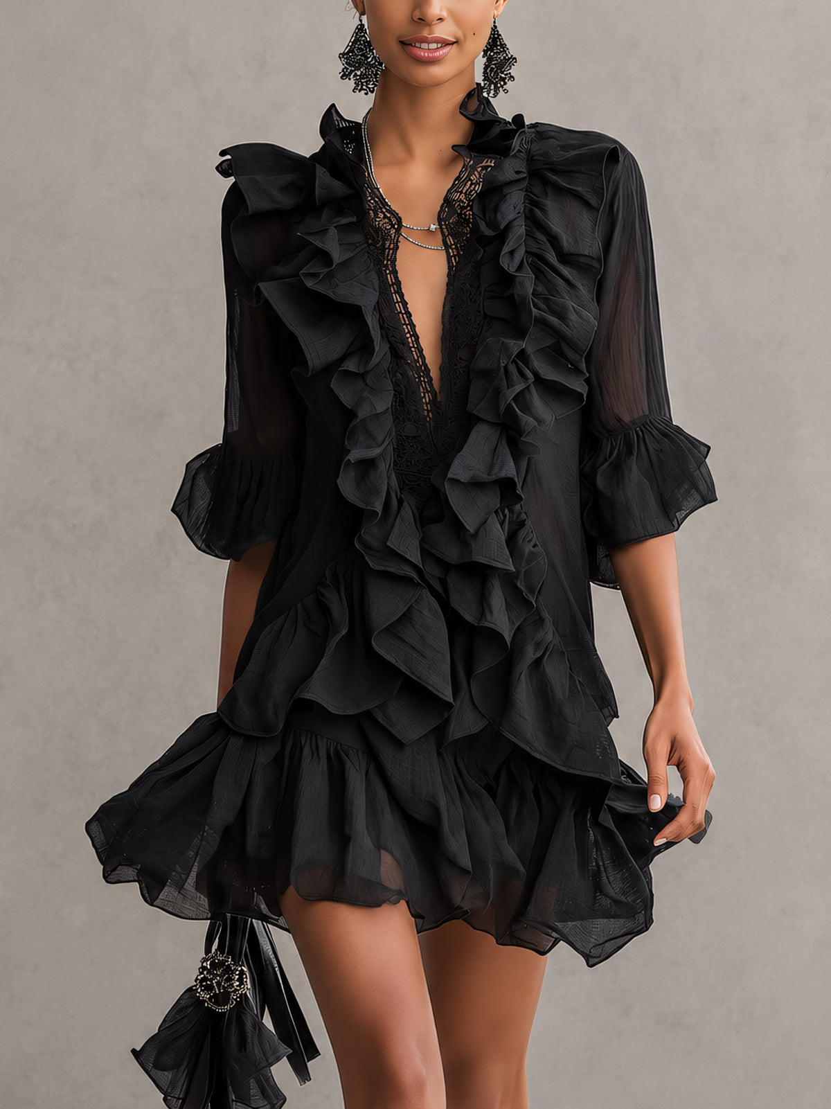 Anais | Mini Abito in Chiffon Nero a Volant