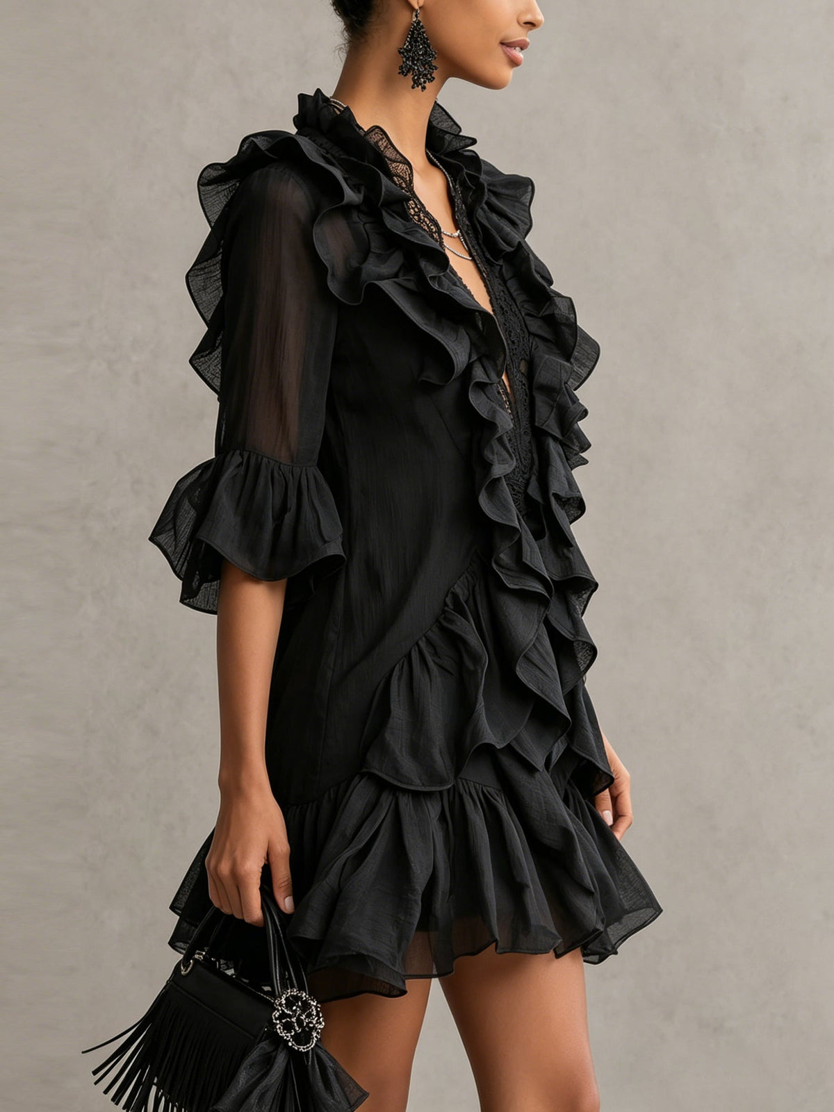 Anais | Mini Abito in Chiffon Nero a Volant