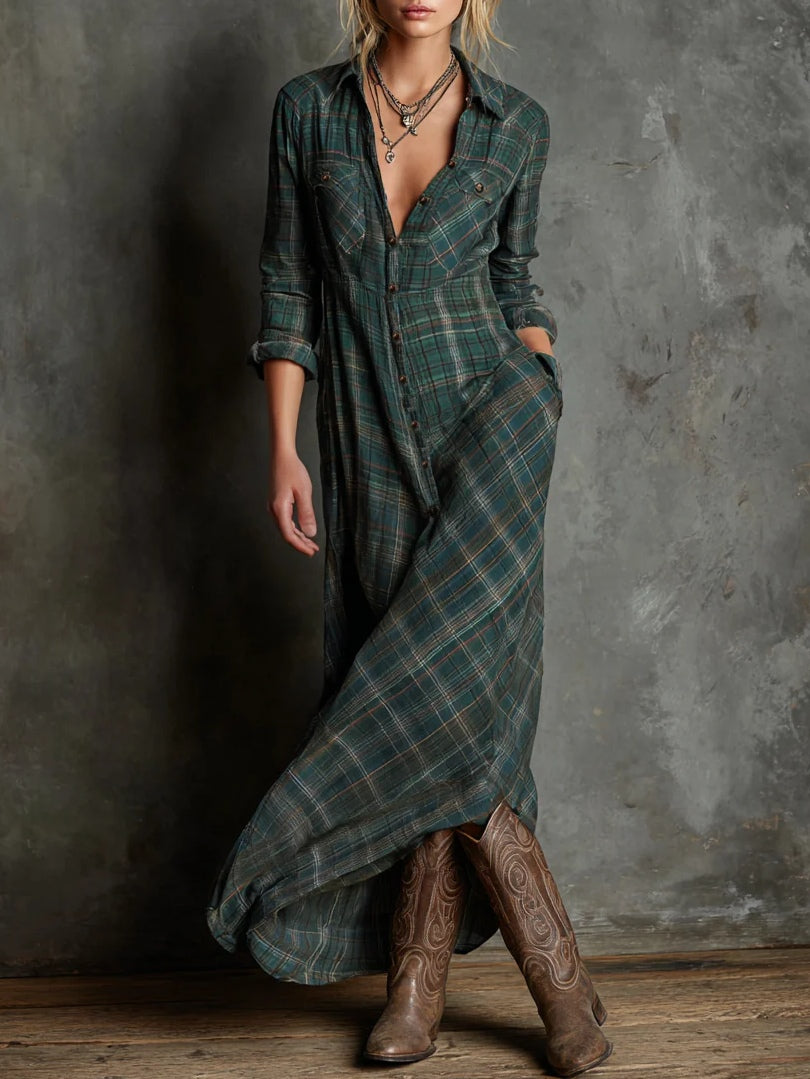 Lange jurk met groene geruite revers