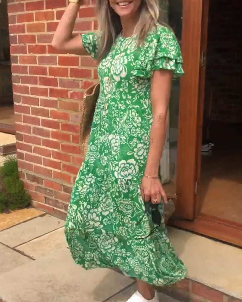 Sophie | Lange Jurk met Korte Mouwen en Bloemenprint