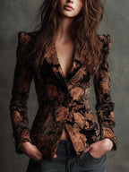 Bertilla | Blazer Tailleur Stampa Floreale Nero e Bronzo
