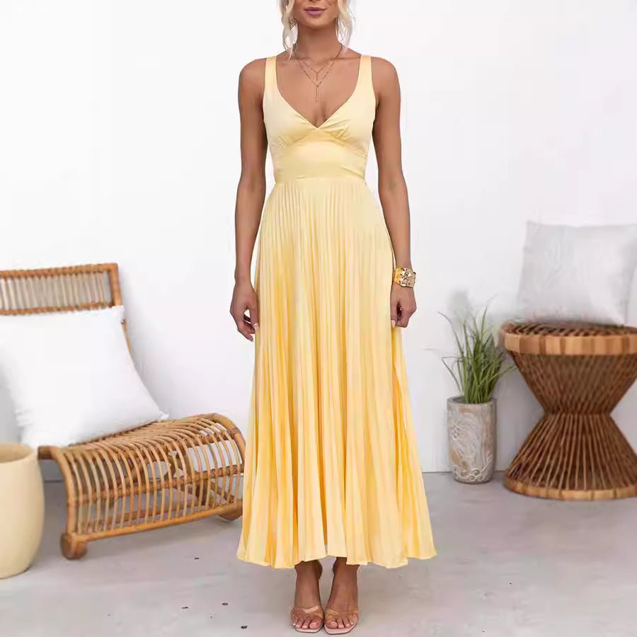 Aby™ | Gele Plissé V-hals Maxi jurk