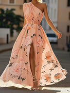 Giulia | Abito Maxi Chiffon Floreale a Spalle Scoperte Verde Chiaro