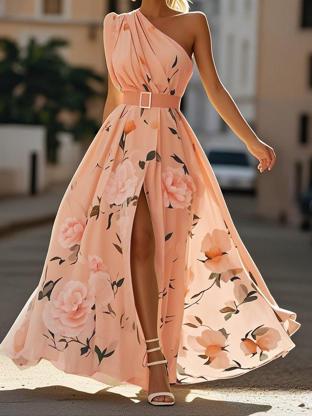 Giulia | Abito Maxi Chiffon Floreale a Spalle Scoperte Verde Chiaro