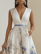 Chloe | Grembiule midi plissettato in chiffon floreale bianco con scollatura a V