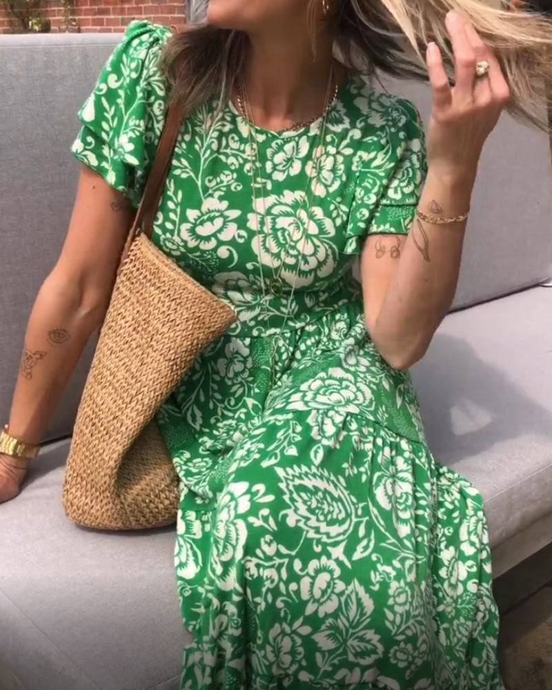 Sophie | Lange Jurk met Korte Mouwen en Bloemenprint
