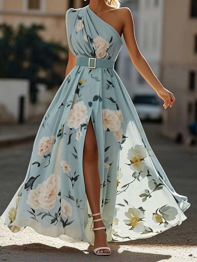 Giulia | Abito Maxi Chiffon Floreale a Spalle Scoperte Verde Chiaro