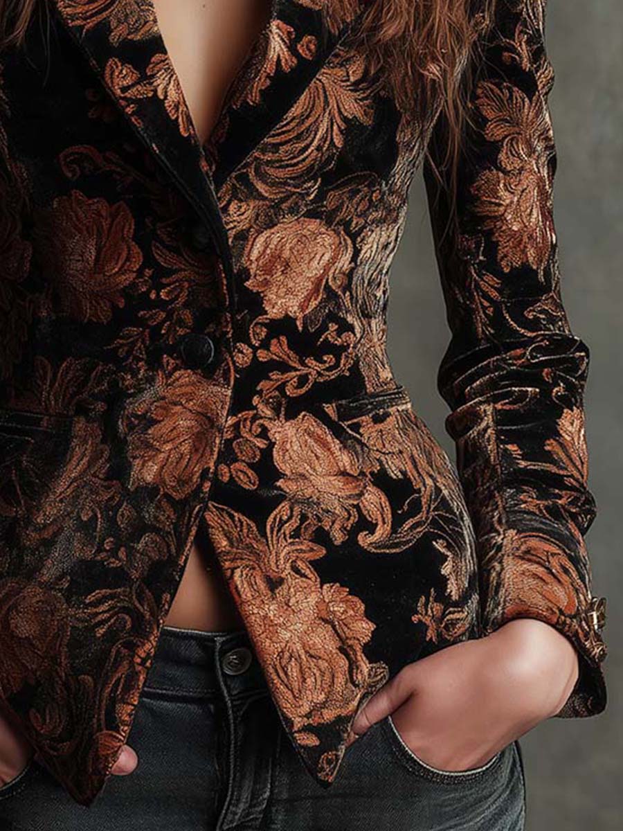 Bertilla | Blazer Tailleur Stampa Floreale Nero e Bronzo