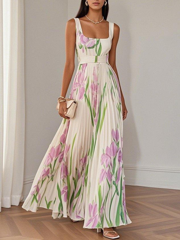 Maria | Abito Maxi Chiffon Floreale Plissettato Bianco