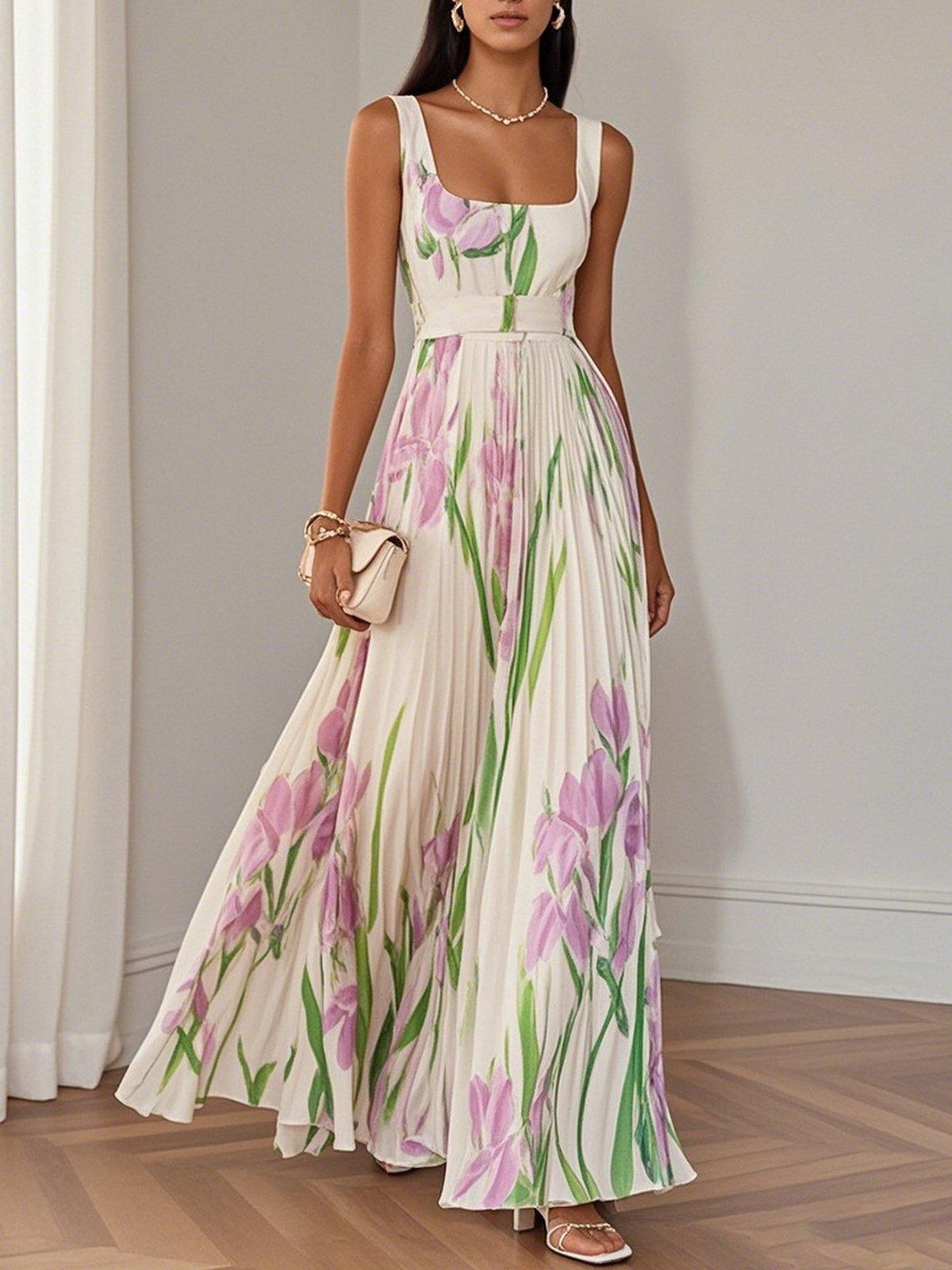 Maria | Abito Maxi Chiffon Floreale Plissettato Bianco