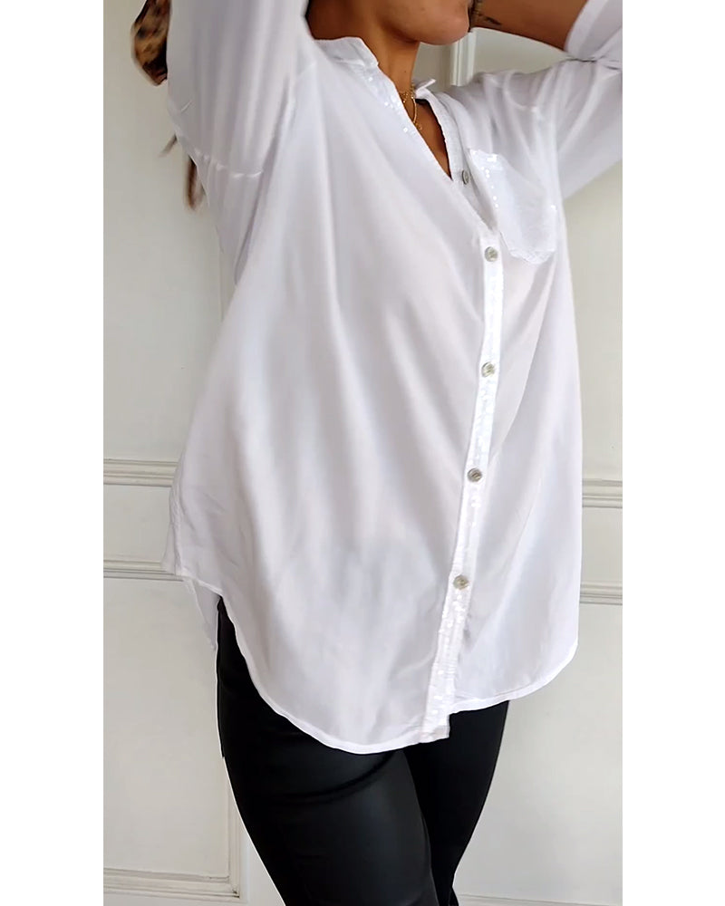 Nina | Casual Top met Pailletteninzet en Knopen