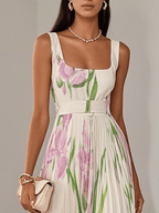 Maria | Abito Maxi Chiffon Floreale Plissettato Bianco